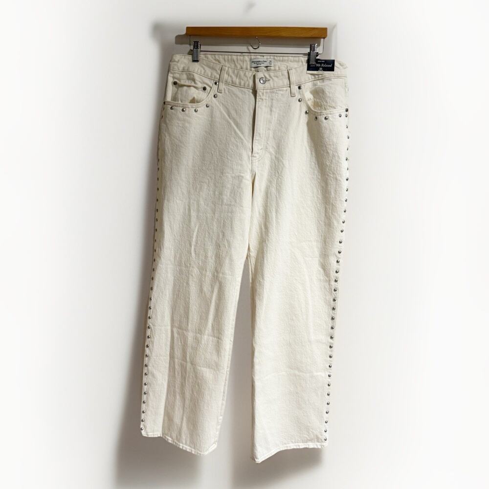 Abercrombie Fitch Curve Love High‎ Rise 90s Relaxed Jean Ecru Studded Women 33